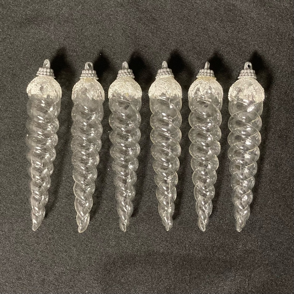 ⭐️ Vintage Transparent Plastic Icicle Ornaments with Faux Snow Set of 6